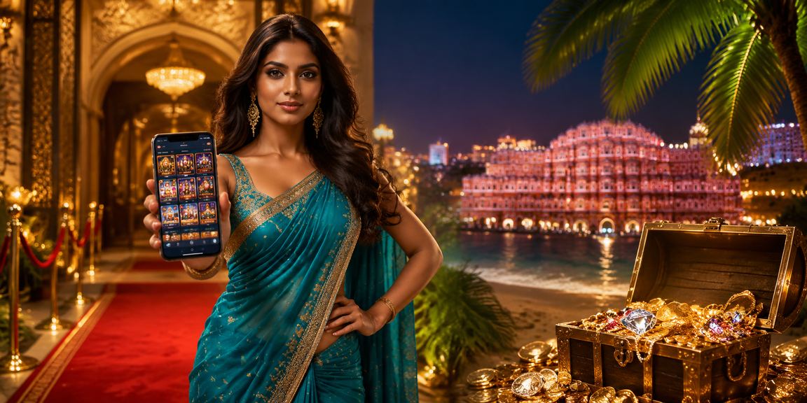 Young woman enjoying Teen Patti game on mobile in Jaipur colorful attire